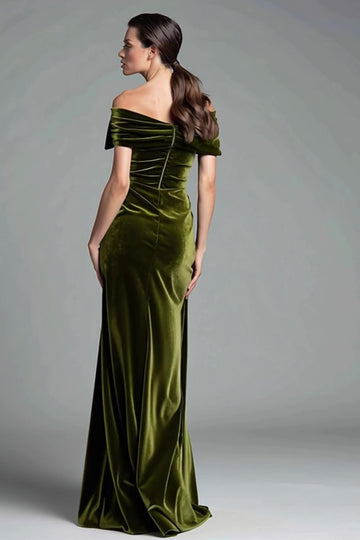 Elegant Olive Velvet Sheath Off The Shoulder Formal Dress with Bow